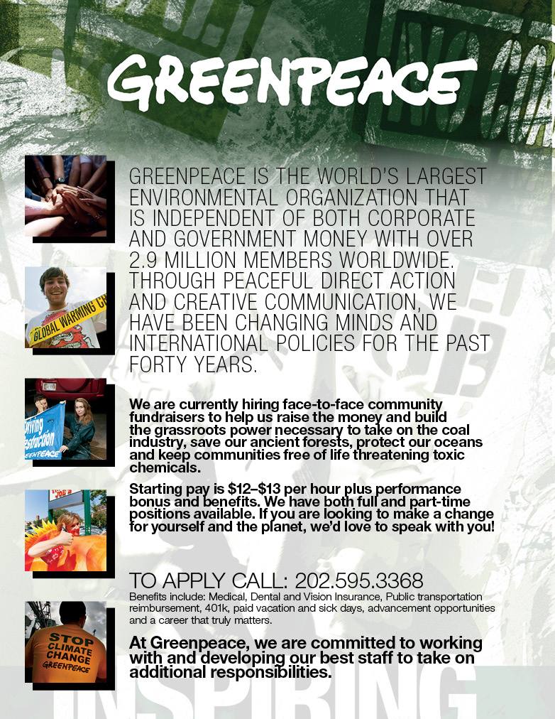 *Make a difference FT/PT for Greenpeace, $12-13/HR*